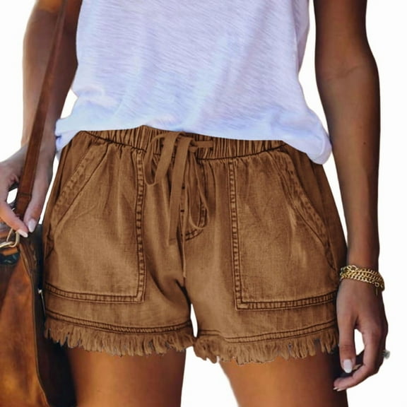 Women'S Summer Mid Waist Elastic Denim Shorts Stretchy Short Casual Hot Pants with Pockets Khaki S