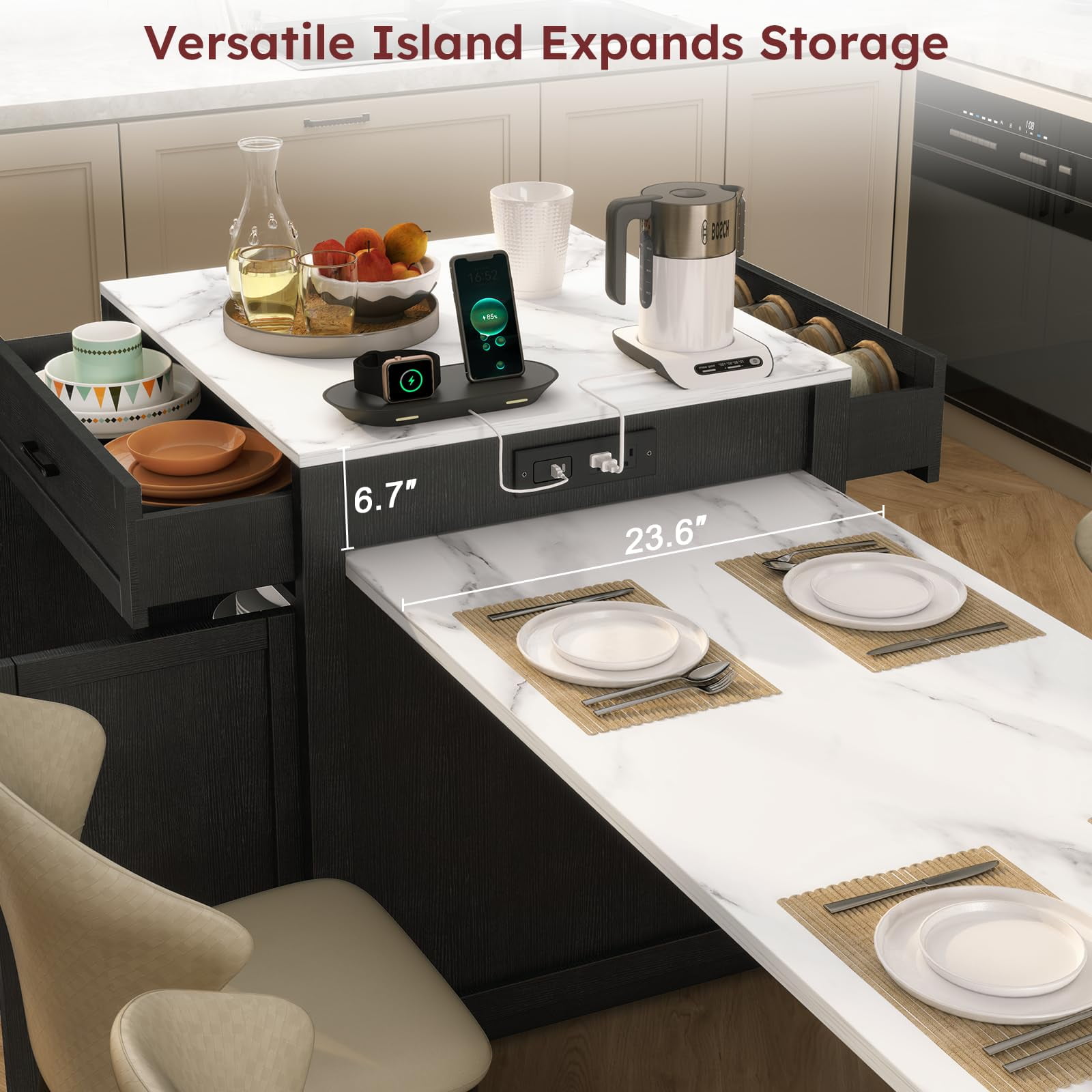 ZIVACATE 82.7"L Expandable Retractable Kitchen Island for 4-6 Person, Faux Marble Top Kitchen Island with Storage Built-in Power Outlet, Black