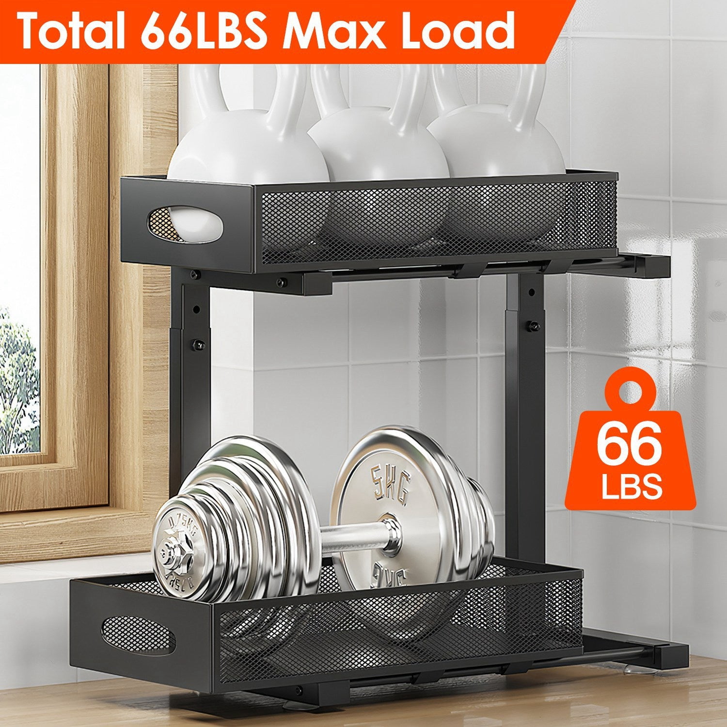 2Pcs Under Sink Organizer 2 Tier Pull Out Cabinet Baskets Storage Shelf Sliding Storage Drawers Rack With 5 Adjustable Height Mesh Baskets For Home Kitchen Bathroom Office