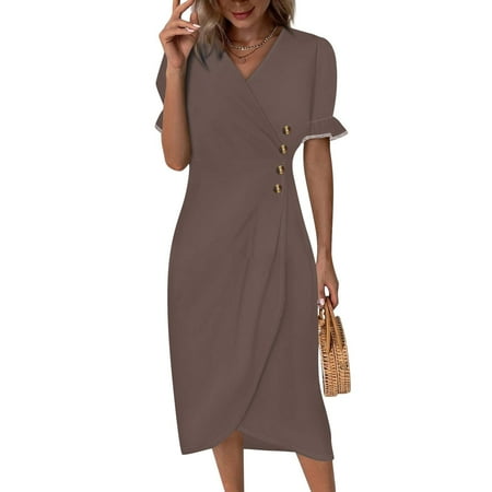 Prdecexlu Wrap Dresses for Women 2025 Ruffled Short Sleeve Button Casual Sundress V Neck A-Line Fashion Solid Color Loose Dresses Coffee XL