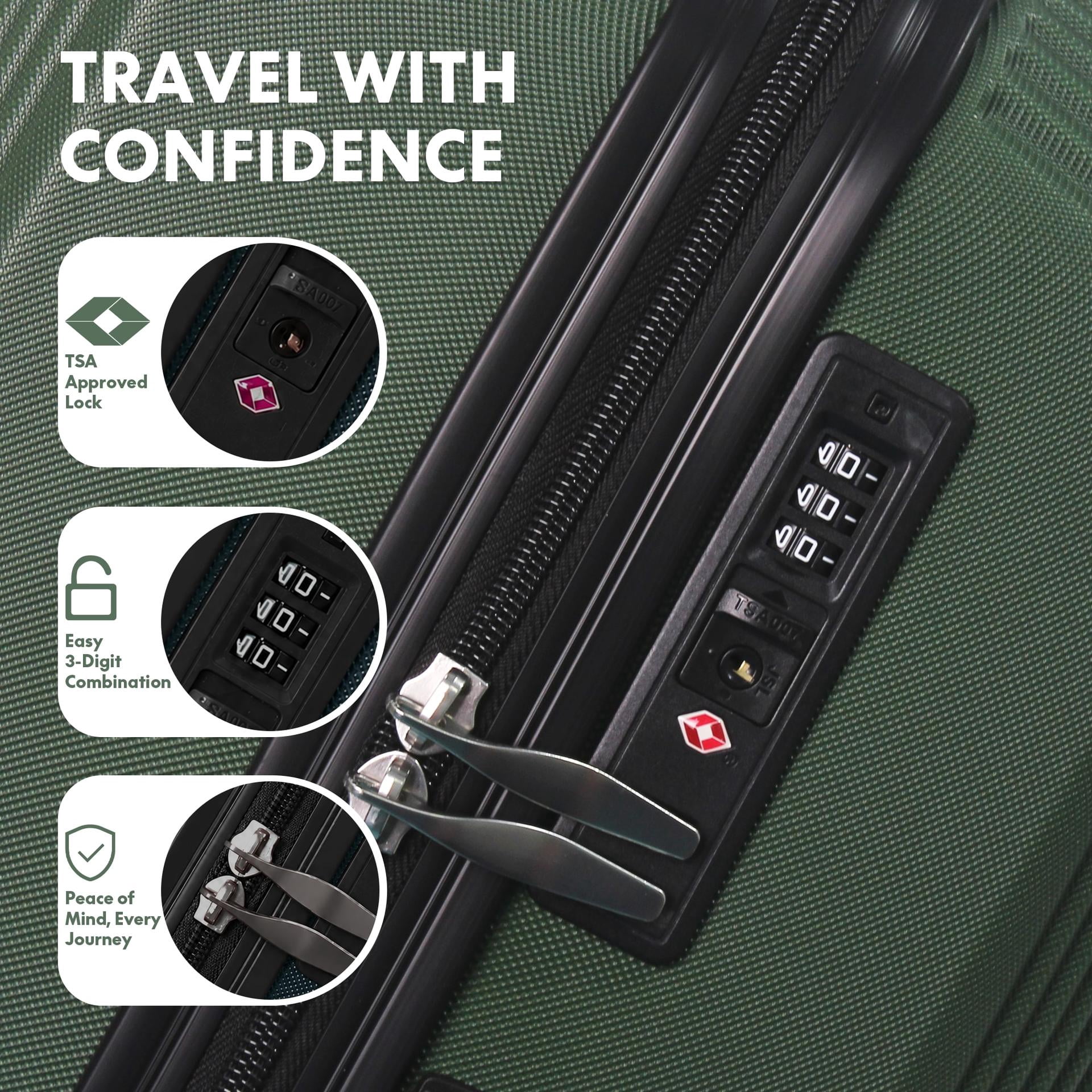 3-Piece ABS Hardshell Luggage Set, Lightweight Durable Suitcases with TSA-Approved Lock, 4 Silent Spinner Wheels & Scratch-Resistant Ribbed Shell, 20"/24"/28", Green