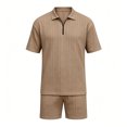 thumbnail image 4 of hotojiny Men's Summer Beach Outfits 2 Piece Sweatsuits Big and Tall Golf Shirts 1/4 Zip Top and Shorts Vacation Texture Sets(Khaki,Small), 4 of 5