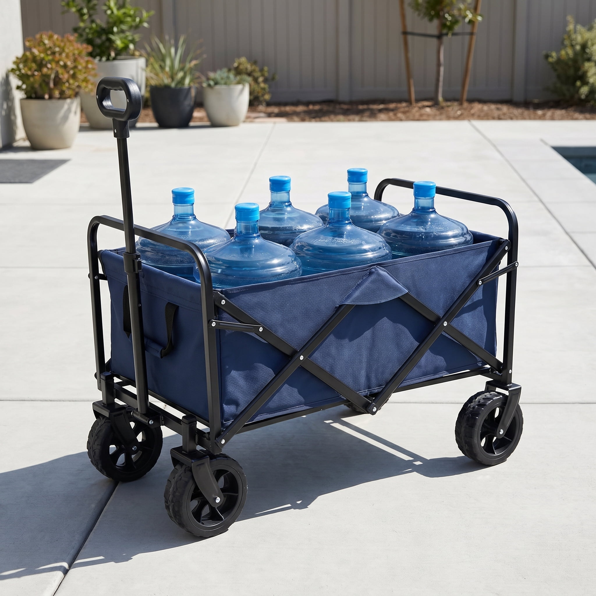 Folding Wagon with Wide Wheels, Collapsible Utility Cart, 220 lb Capacity, Lightweight Compact Beach Wagon with Full-Side Opening, Dog Leash, Steel Frame, Dark Blue