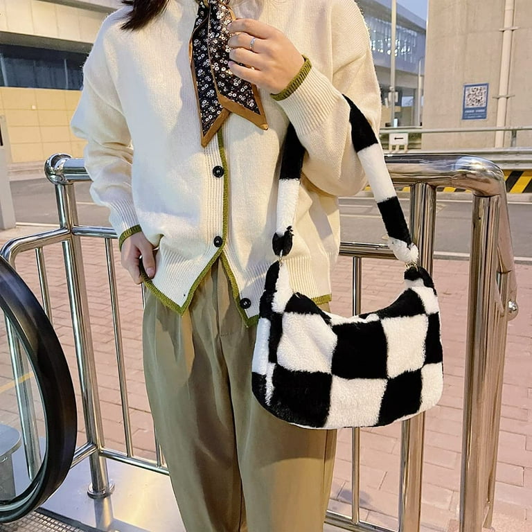 CoCopeaunt Fluffy Tote Bag Y2K Green Flower Plush Underarm Bag for Women Furry Shoulder Bag Faux Fur Tote Purse for Autumn Winter