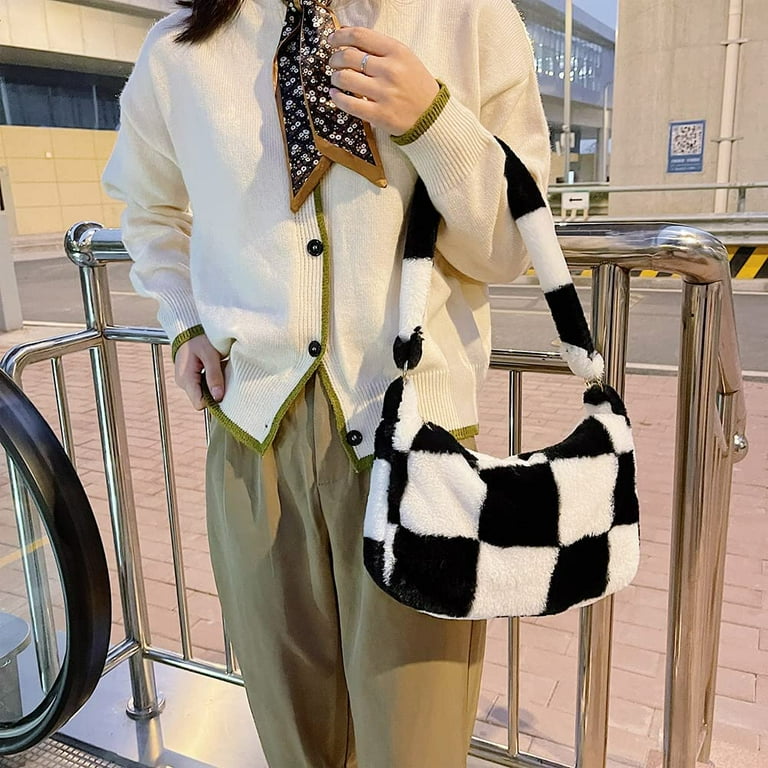 Casual Style New Arrival Plush Checkered Fluffy Tote Bag Y2K Plush