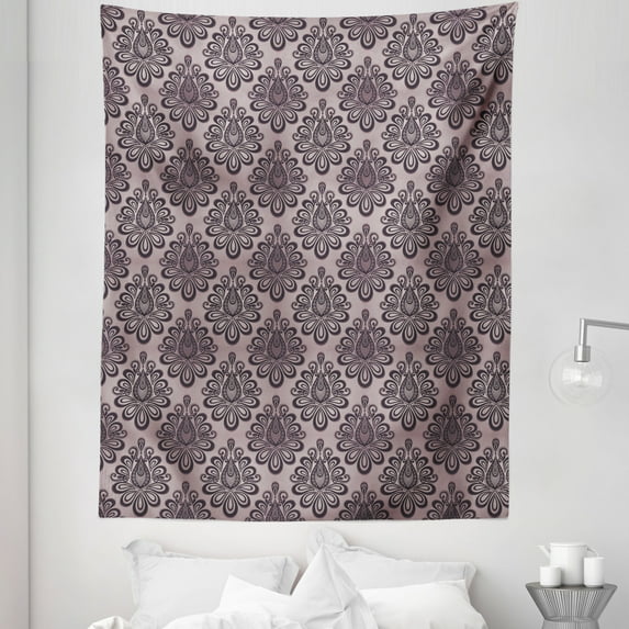 Traditional Tapestry, Damask Style Grey Motifs with Little Dots and Curly Leaves Vintage Art, Fabric Wall Hanging Decor for Bedroom Living Room Dorm, 5 Sizes, Mauve Charcoal Grey, by Ambesonne