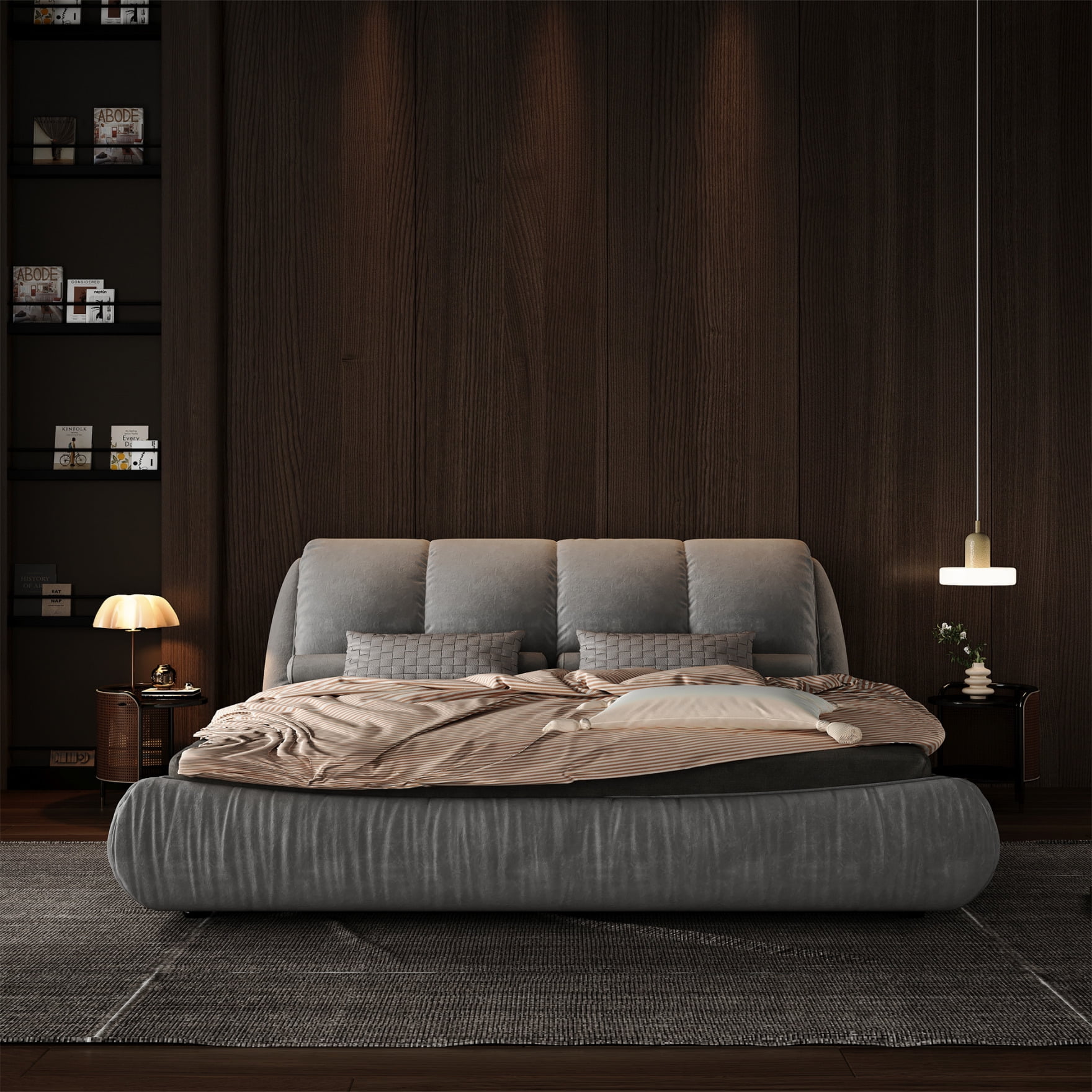 Luxury King Size Upholstered Platform Bed with Oversized Padded Backrest, Soft Frame Cloud Bed, Thickening Pinewooden Slats and Adjustable Height, Grey