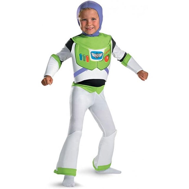 disfraz premium de buzz lightyear toys story disney halloween infantil talla 3-4 años traje infantil de poliéster con jumpsuit, capucha y cubre piernas; vista frontal cuerpo entero con pechera acolchada verde y detalles impresos, mangas y pantalones blancos con acentos verdes y morados. Ideal para Halloween y fiestas de disfraces; usar la tabla de medidas.