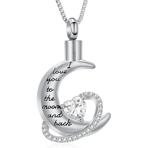 I Love You To The Moon And Back - Moon Shape Urn Necklace for Ashes with Heart Birthstone Cremation Jewelry for Human / Pet Keepsake Pendant for Ashes of Loved Ones