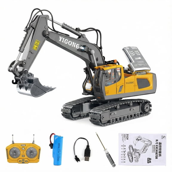 Remote Control Excavator Toy, 11-Channel, Metal Bucket and Lights