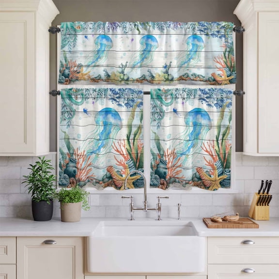 Kitchen Window Curtains Valance and Tier Set, Watercolor Underwater World Jellyfish Rod Pocket Tier Curtains and Valance 3 Piece Set, Ocean Life on Wood Grain Window Treatment for Bedroom