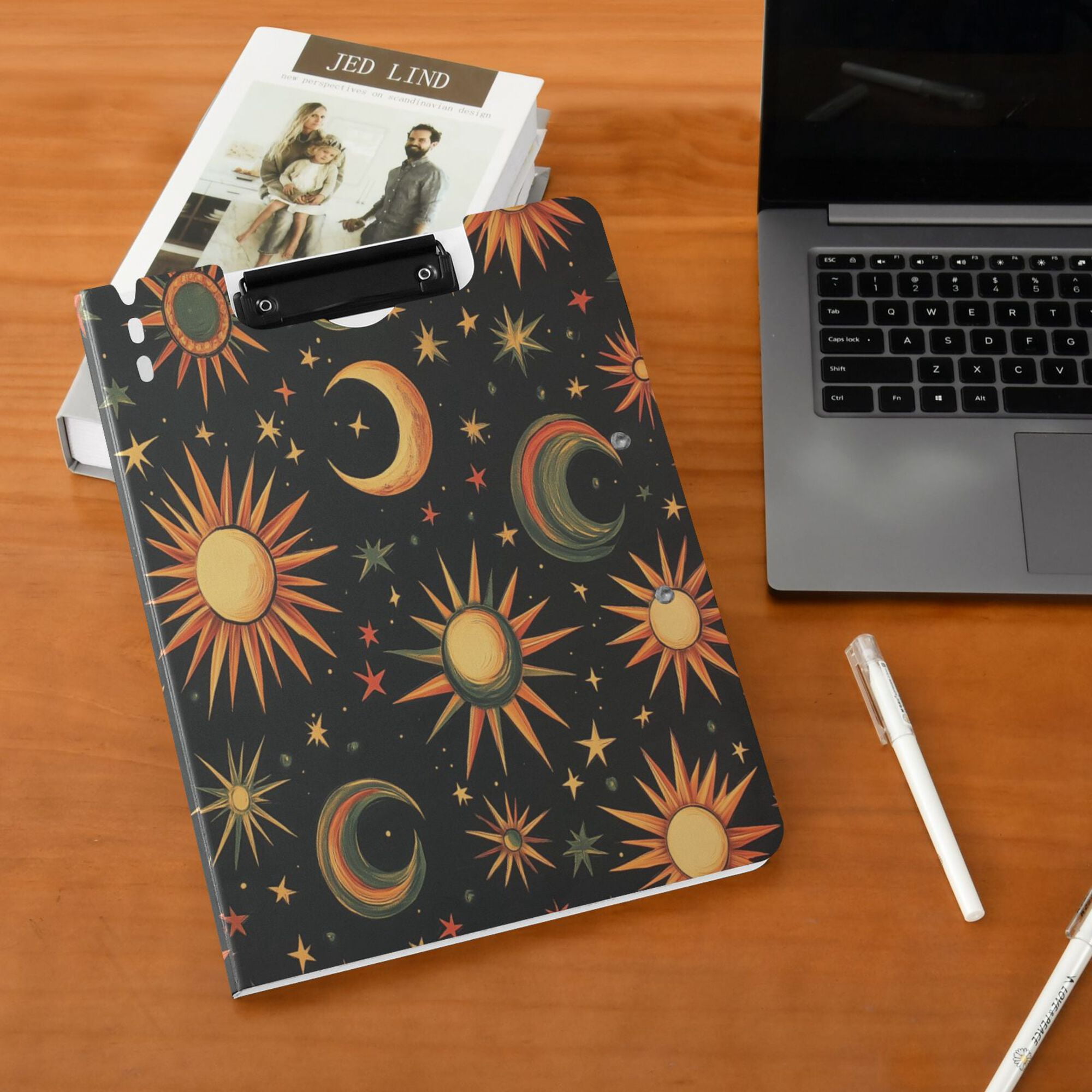 FORMRS A4 Clipboard Folder with Pen Holder Horizontal Foldable School Office Binder, Sun Moon and Stars Pattern