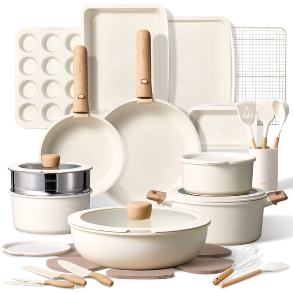 CAROTE 35-Piece Nonstick Cookware Set, Pots and Pans Set with Detachable Handle, Induction Compatible, Oven & Dishwasher Safe, White