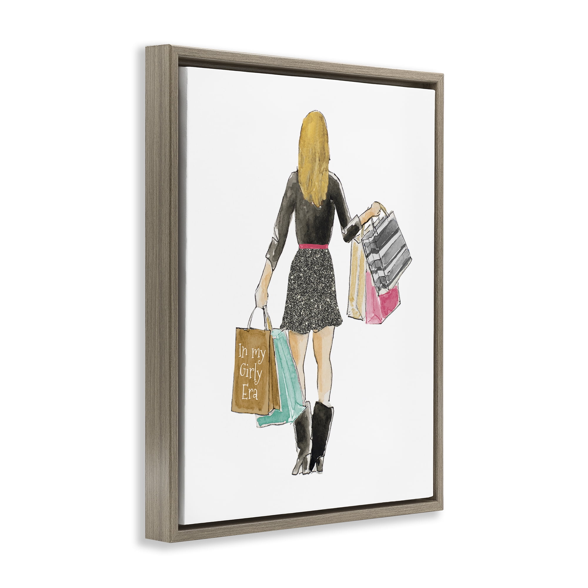 Stupell Industries Girl With Shopping Bags Brown Framed Floater Canvas Wall Art, design by Lanie Loreth
