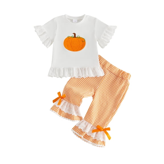 BemeyourBBs Toddler Baby Girls Halloween Thanksgiving Outfits Infant Baby Girl Summer Fall Clothes Cute Pumpkin Embroidery Bell Short Sleeve T Shirt Tops and Flared Pants Set