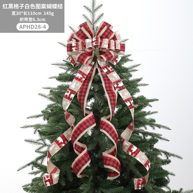 Cinta superior del árbol de Navidad, lazo grande de arpillera decorativa, regalo rojo grande, cinta con borde con cable, corona, lazos de Navidad