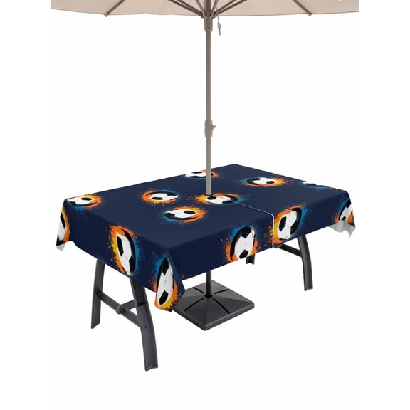Outdoor Tablecloth with Umbrella Hole for Patio/Picnic/Party/Camping, Navy Blue Soccer Waterproof Table Cloth Rectangle Table Cover Washable, Orange Blue Football Sports (60"x 120")