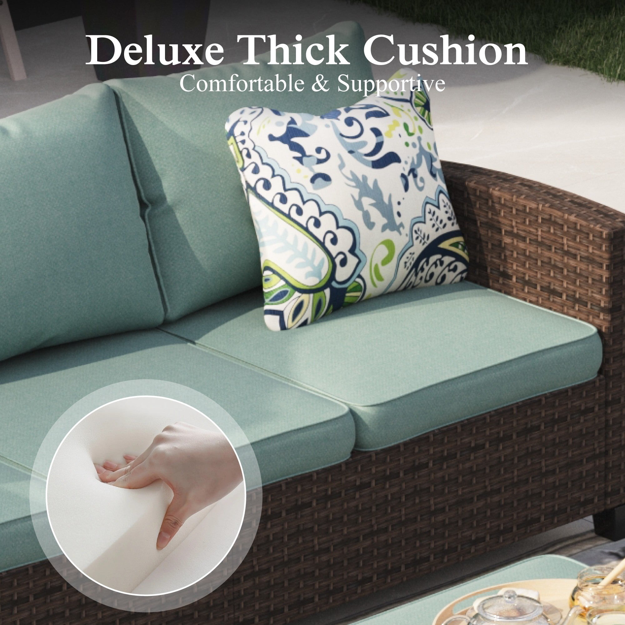 Sophia & William 3 Pieces Wicker Patio Furniture Set Outdoor Couch with 2 Ottomans and Blue Cushions