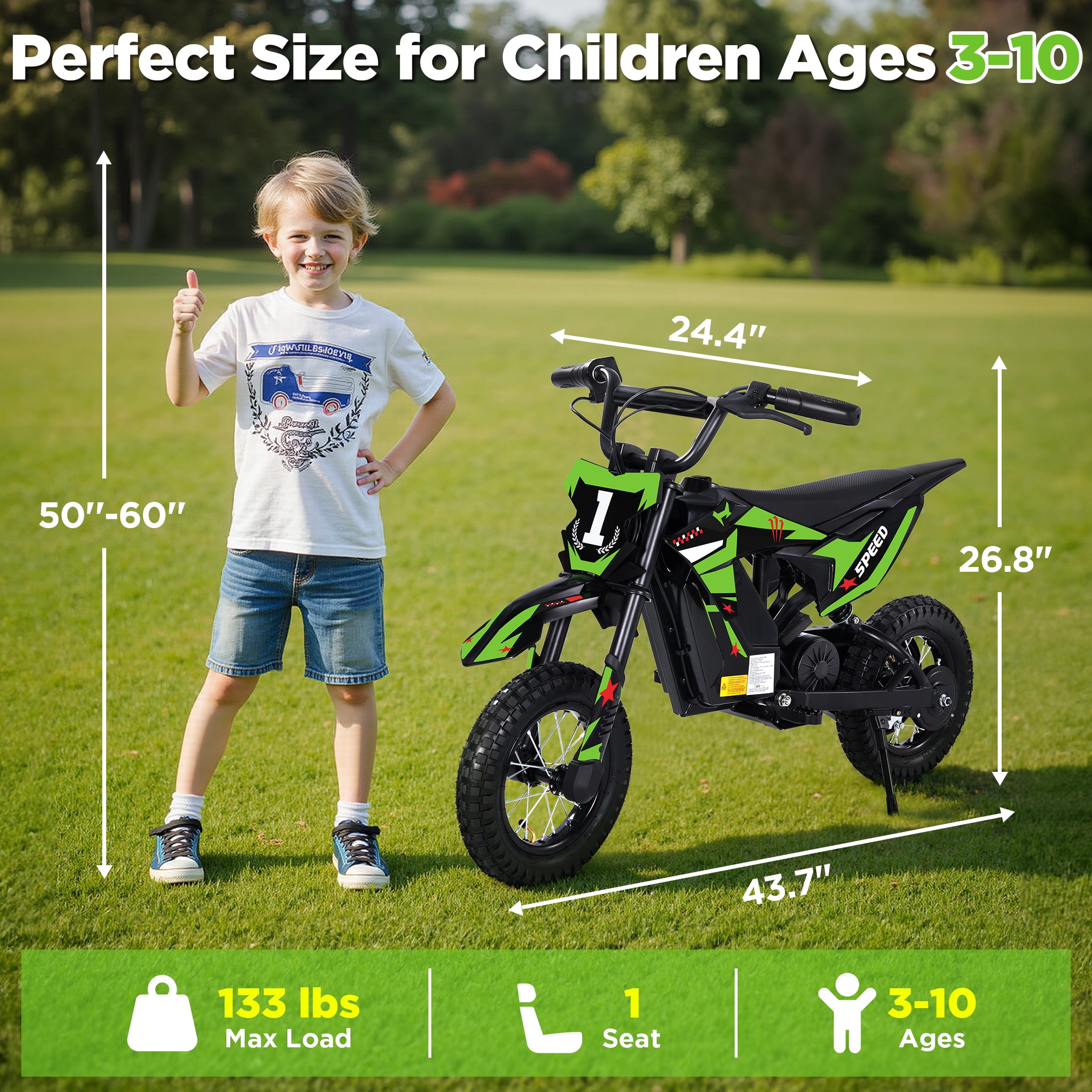 Hijoke 36V Kids Electric Dirt Bike, 15.5 MPH High-Speed Electric Motorcycle Ride on Toy for Kids Aged 3-10, 133 LBS Max Load, 10-Mile Range, Waterproof Seat, Twist Grip Throttle, Green