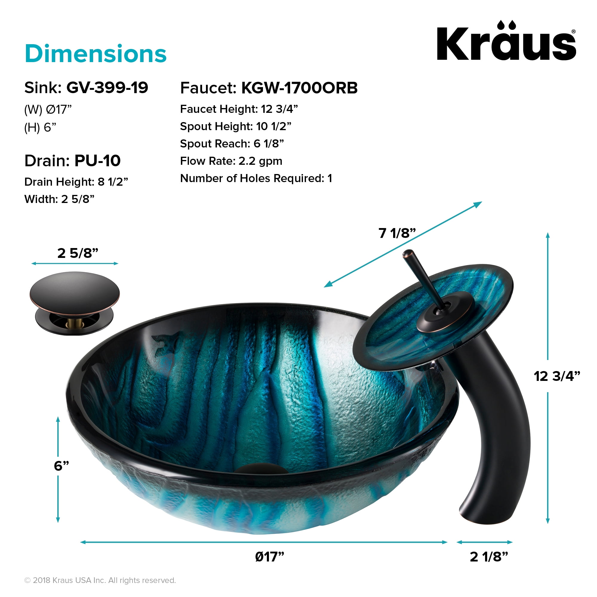 KRAUS Nature Series Blue Glass Bathroom Vessel Sink and Waterfall Faucet Combo Set with Matching Disk and Pop-Up Drain, Oil Rubbed Bronze Finish