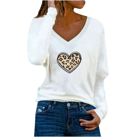 

Ziloco Woman s V Neck Casual Long Sleeved Printing Stitching Love Sweater T Shirt Top cute tops black corset tops for women White M
