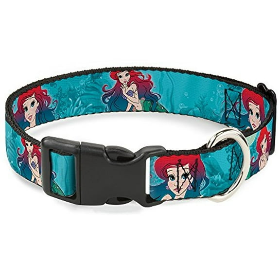 Buckle-Down Ariel Poses Coral & Castle Blues Reds Disney Breakaway Plastic Clip Collar, Narrow-Large