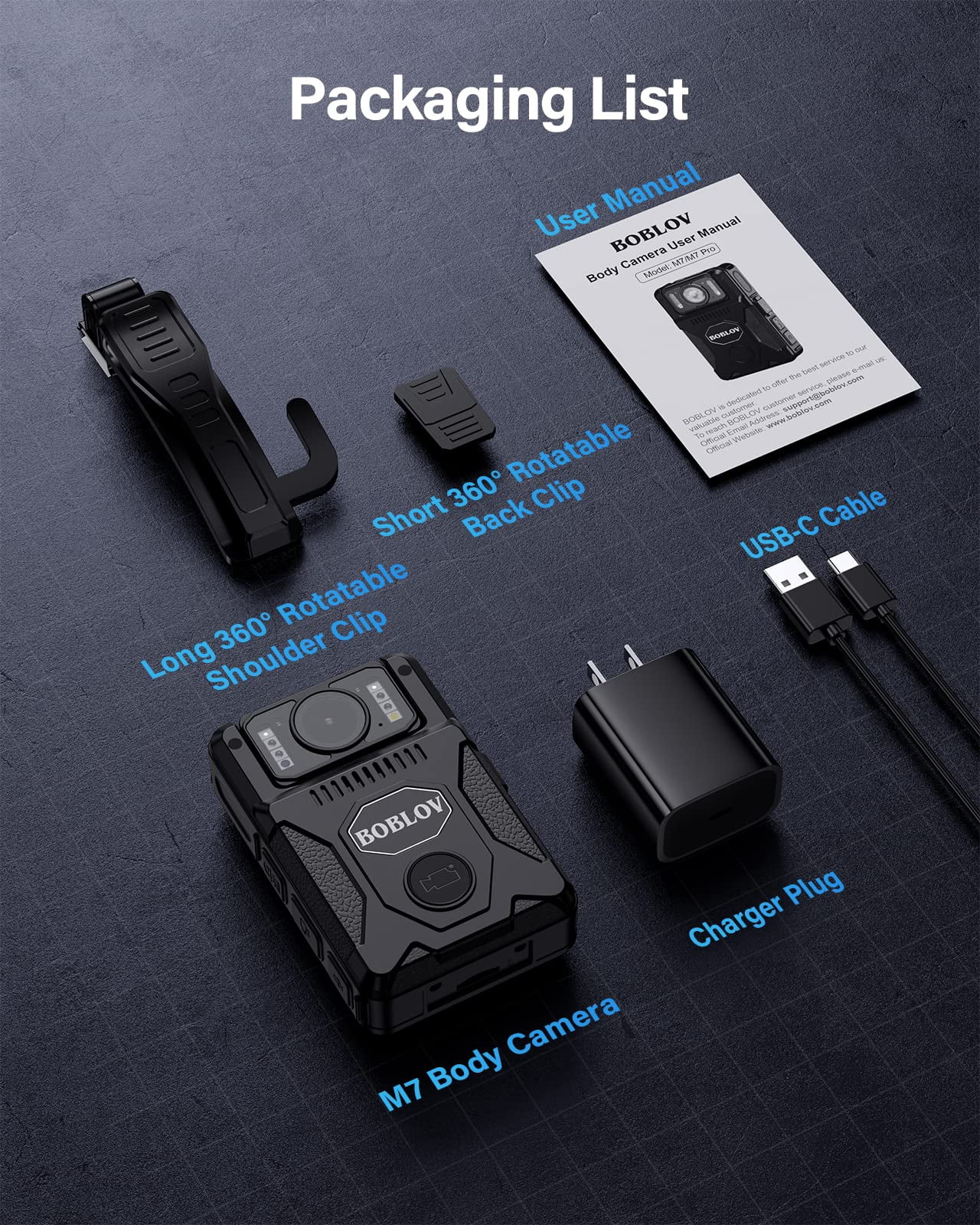 BOBLOV M7 128GB GPS Body Worn Camera, 180 Degrees Rotatable Lens, 4000 mAh 15Hours Recording Body Mounted Cameras, New Released with USB-C Port, Quick Charging with 4-5 Hours
