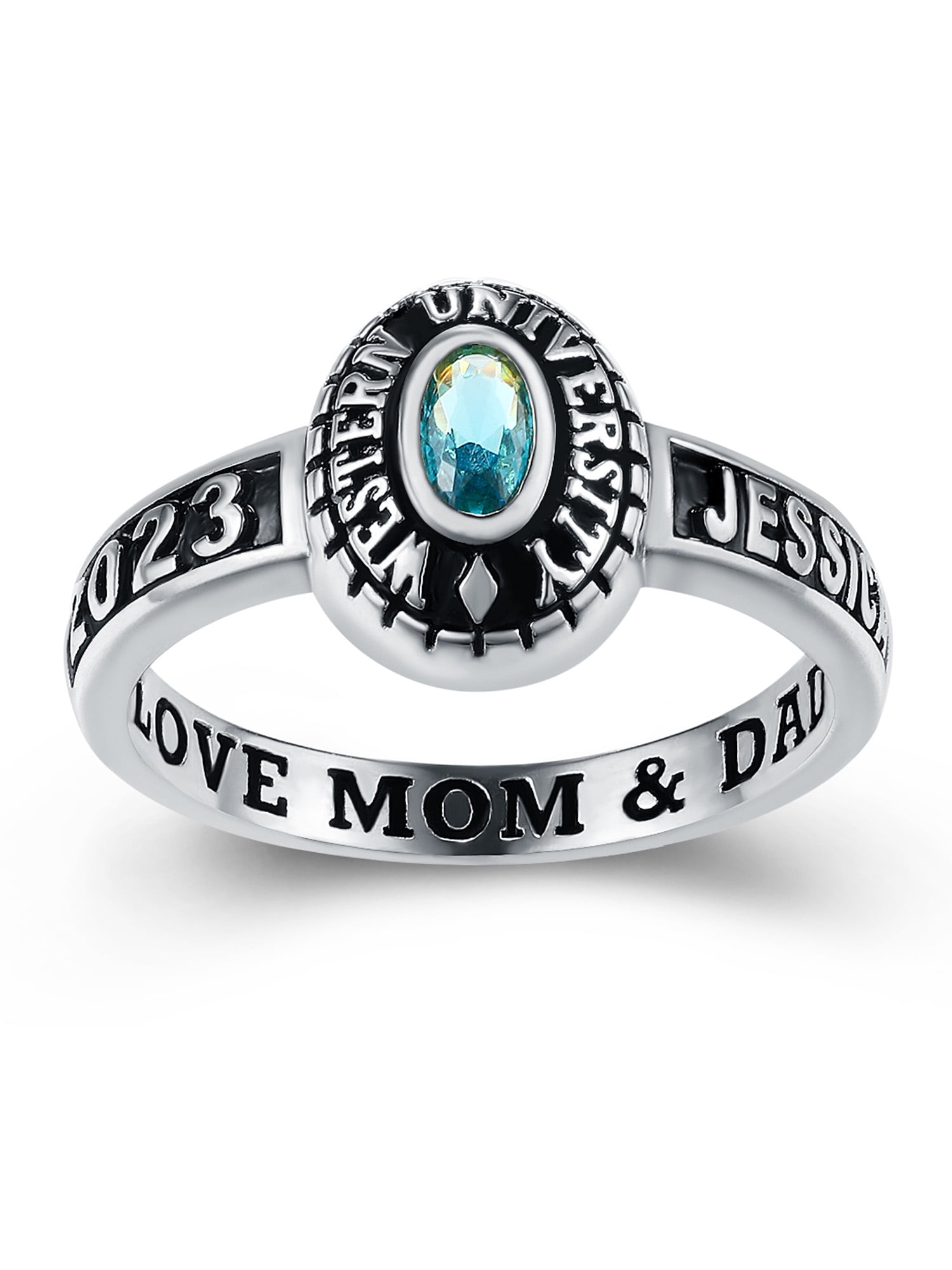 Mementos PJM Custom Class Rings for Women High School or College-Sterling Silver 925/Rhodium Plated