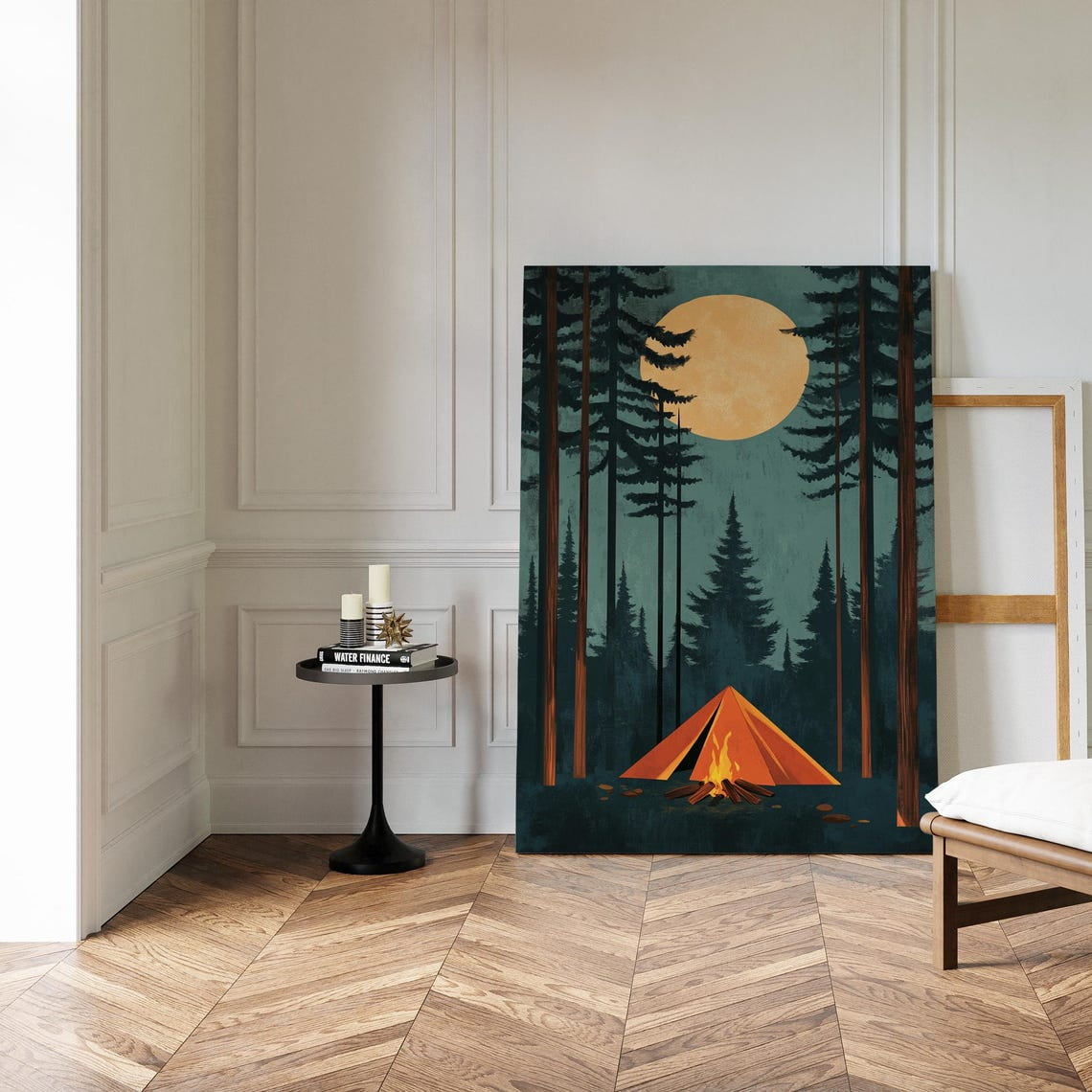 Full Moon Camping Print - Cozy Campfire And Tent In A Tranquil Forest Under A Night Sky - Adventure Wall Art For Nature Lovers Wall Art Modern Wall Decor 12x18 UNFRAMED