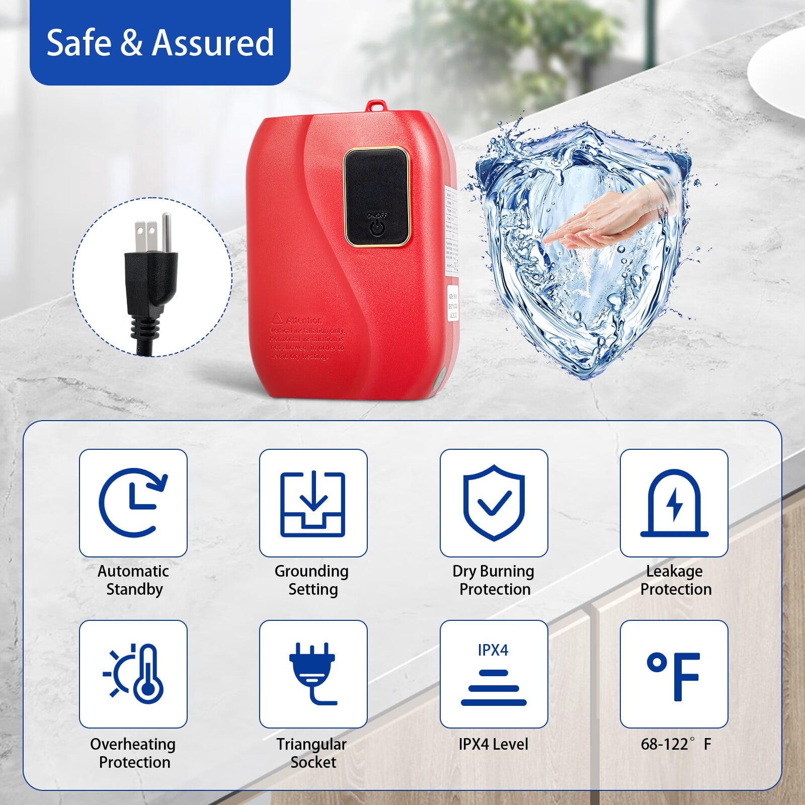 3000W Electric Tankless Water Heater 110V Mini Instant Electric Hot Water Heater Home Floor-Mounted Under Sink Water Heater for Kitchen Bathroom 20-50°C Red