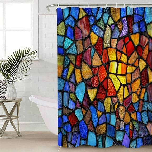 Blue Red Yellow Waterproof Fabric Shower Curtain, Modern Colored Rainbow Stained Glass Shower Curtain for Bathroom Curtains Bathtubs Hotel Washable Shower Curtains with 12 Hooks Small 36x78in