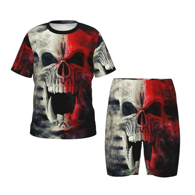 KLL Ensemble de Pyjama à Manches Courtes pour Enfants Imprimé Crâne Démon Rouge et Blanc, Ensemble de Pyjama Doux pour Garçons et Filles-TTG