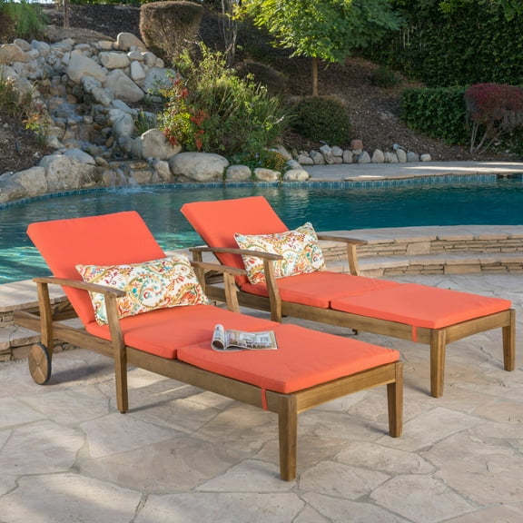 Mavis Outdoor Chaise Lounge With Cushion, Set of 2, Teak Finish, Orange