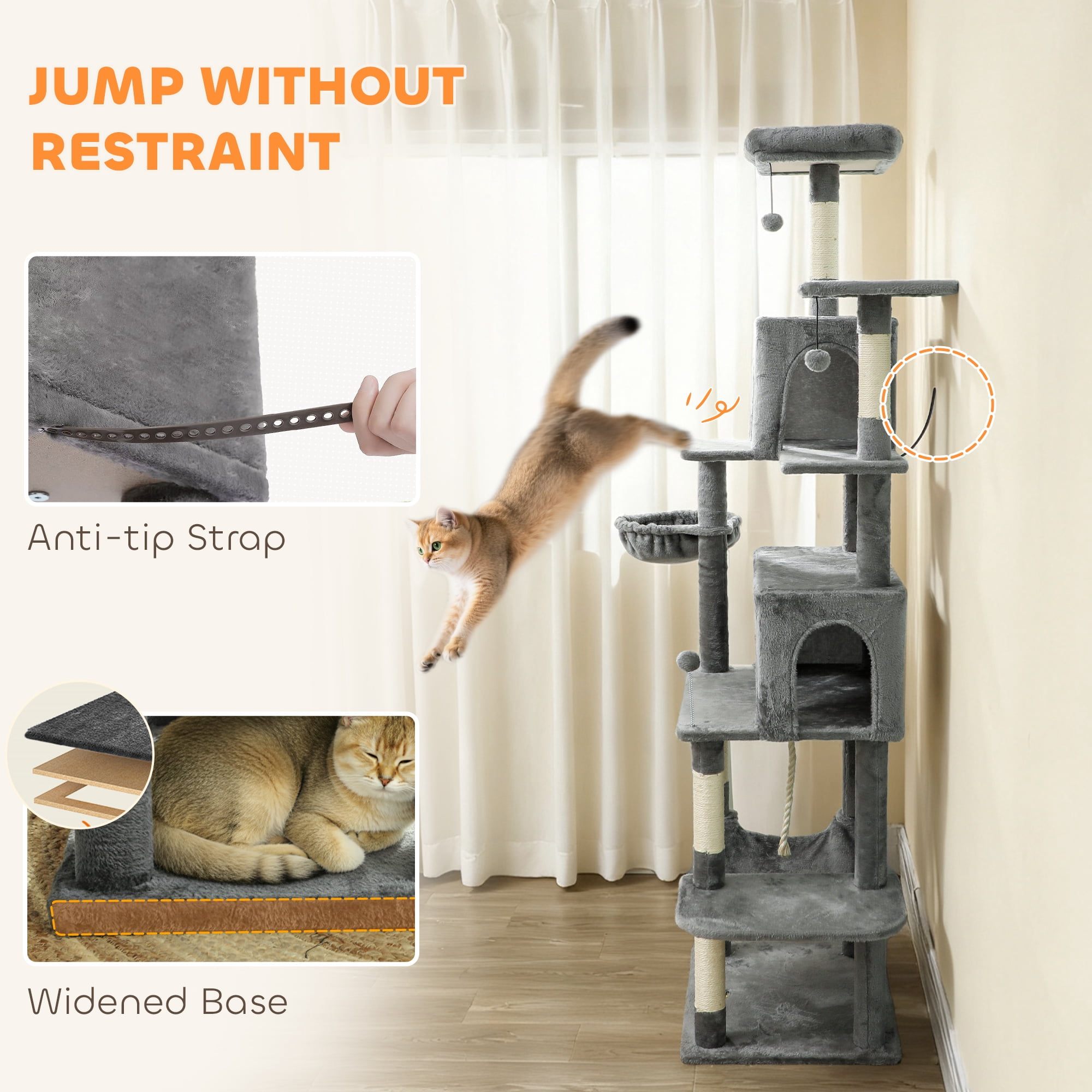 PawHut Large Cat Tower with 2 Condos, 80" Multi-Level Cat Tree with Hammock and Sisal Scratching Posts for Multiple Indoor Cats, Dark Gray