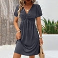 thumbnail image 5 of Twist Front Flowy Mini Dresses Trendy Womens Dress 2026, Mini Dresses for Women 2026 V Neck Short Sleeve A Line Dress, Summer Casual Work T Shirt Sundresses Dark Gray L, 5 of 5