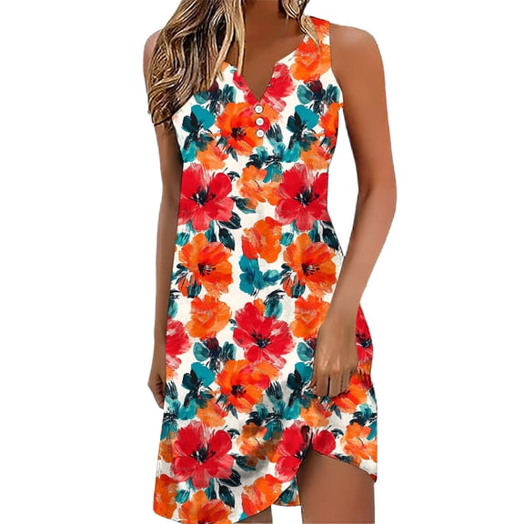 Fmbrln Summer Dresses for Women Sleeveless Button V Neck Mini Dress Casual Loose Fit Floral Print Vacation Sundress