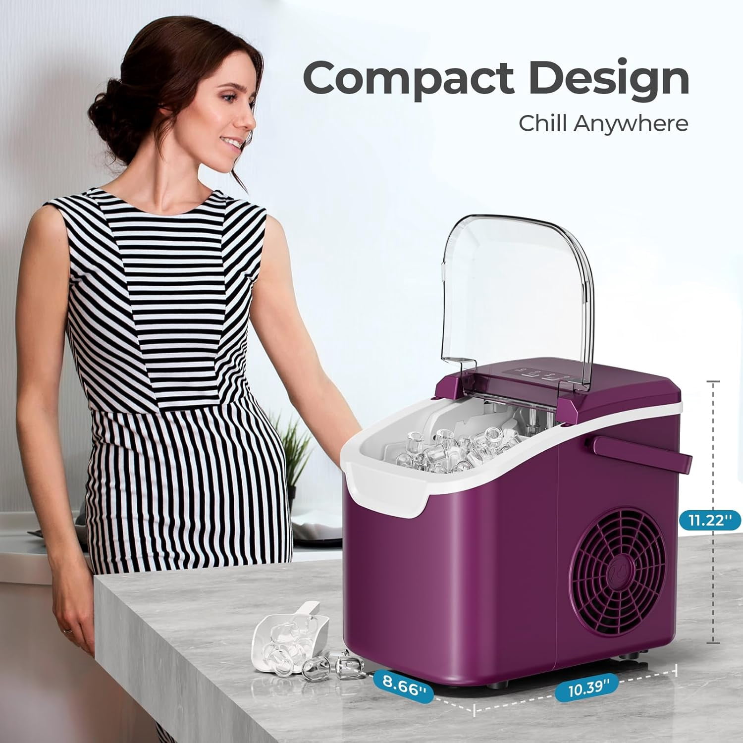 Countertop Ice Maker, 26 lbs/Day ice Production, 2 Sizes, 8 ice Cubes in 6 Minutes - Portable Mini, Energy Efficient, with Basket/Scoop for Home/Party/Travel/Camping/Bar