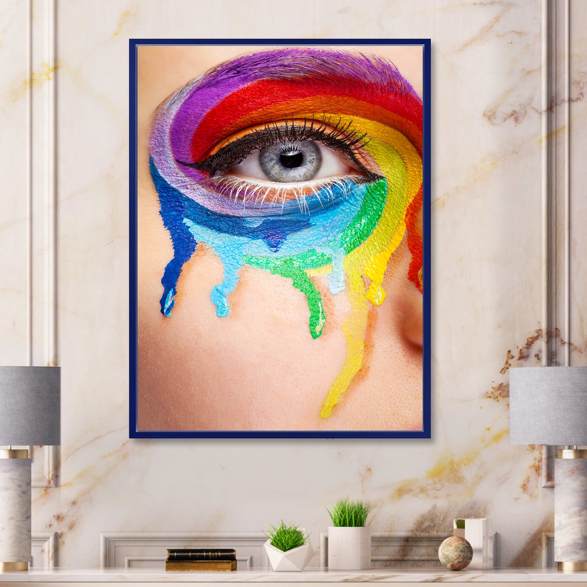 Designart 'Close Up Eye With Colourful Cry In A Wheel Arround' Modern Framed Canvas Wall Art Print