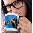 thumbnail image 2 of 3drose, Checkered Blue, Yellow Flag, Blue Sky, White Clouds, Wooden Roof, 11oz Two-tone Black Mug, 2 of 6