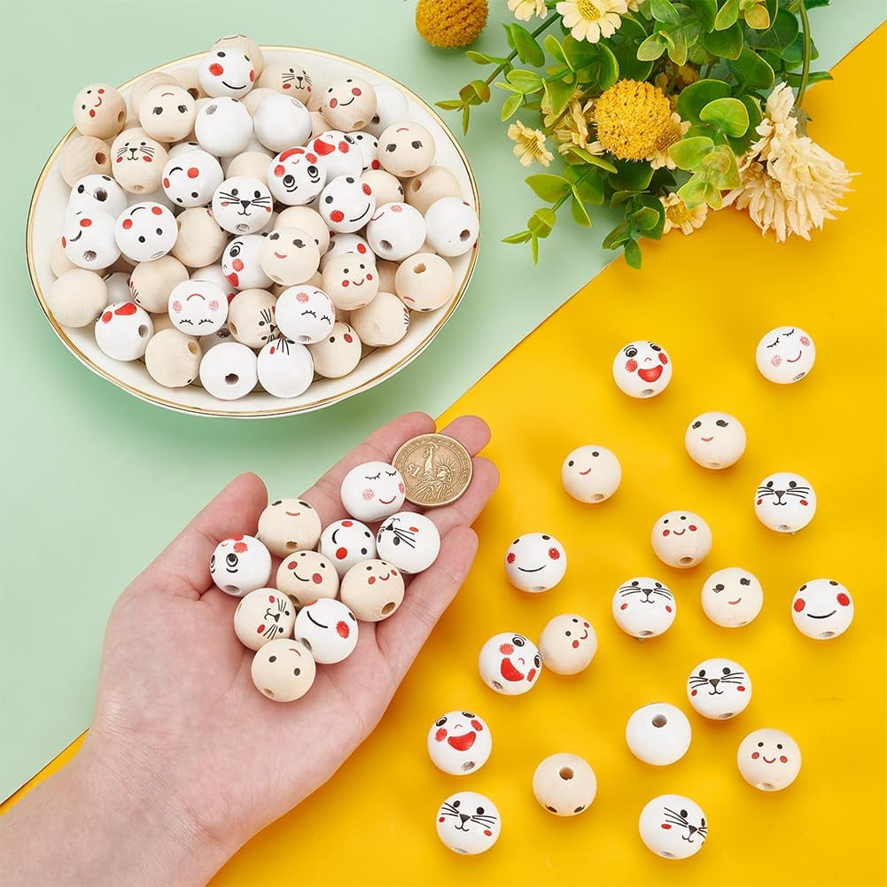 150pcs 20mm Smiling Face Wood Beads 10 Styles Natural Wooden Beads Round Wood Spacer Beads Loose Wooden Beads with 4.5mm Hole for Craft Jewelry Making Bracelets Christmas Tree Decor