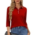 thumbnail image 2 of Qwertyu Polo Shirts for Women 3/4 Sleeve Tops Golf Tees Button Collared Cotton Shirt Business Casual Red 2XL, 2 of 5