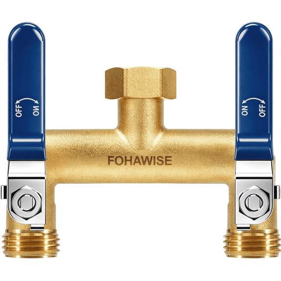 FOHAWISE 2 Way Brass Garden Hose Splitter, Heavy Duty Brass Body, 3/4" GHT & Independent Shut-Off Valves, Wide Spacing for Larger Timers (Blue)