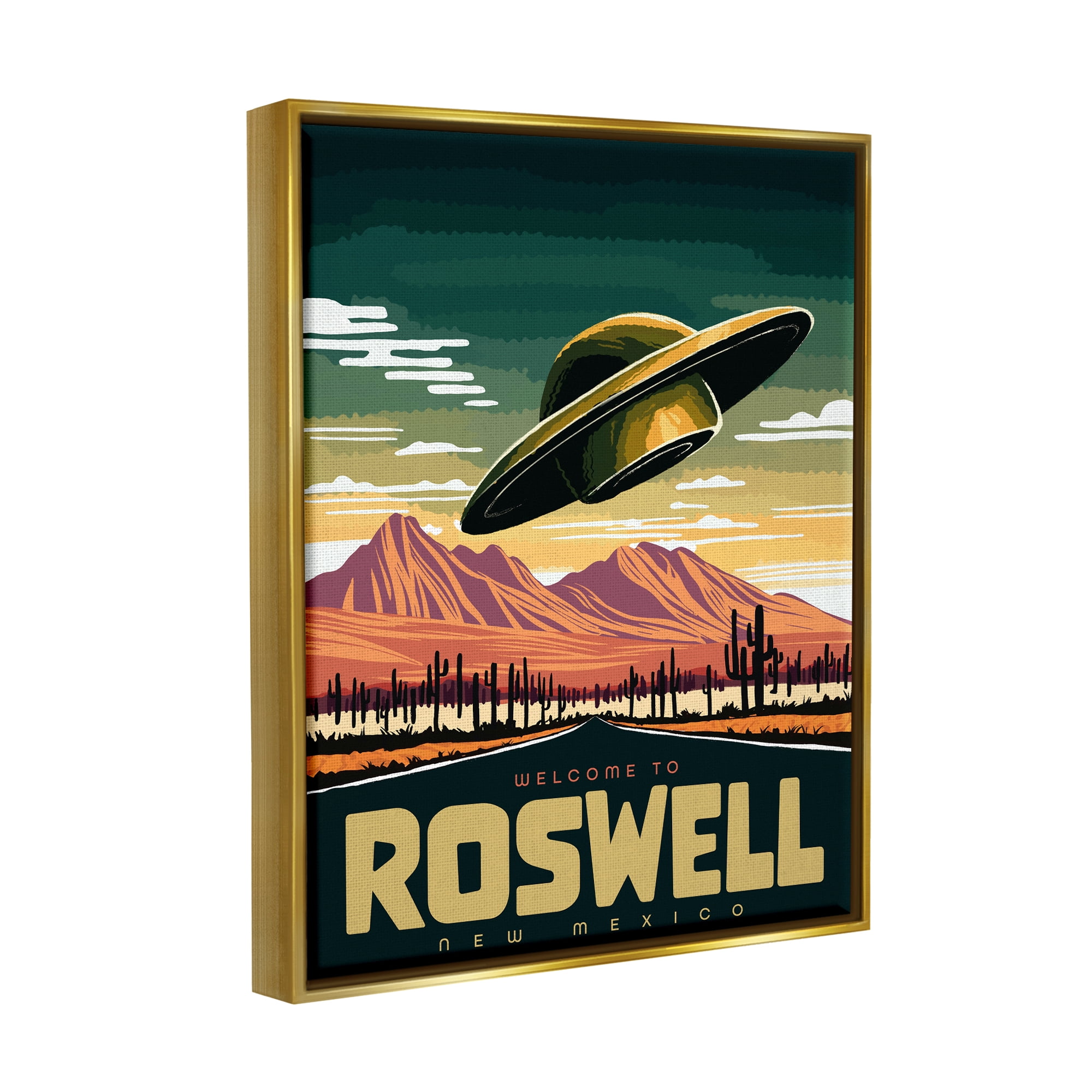 Stupell Industries Welcome Roswell New Mexico UFO Travel & Places Painting Gold Floater Framed Art Print Wall Art