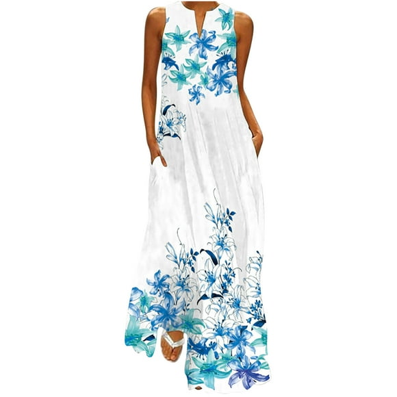 Pisexur Women's Beach Sundress Summer Floral Formal Maxi Dress Short Sleeve V Neck Casual Loose Plus Size Dresses with Pockets