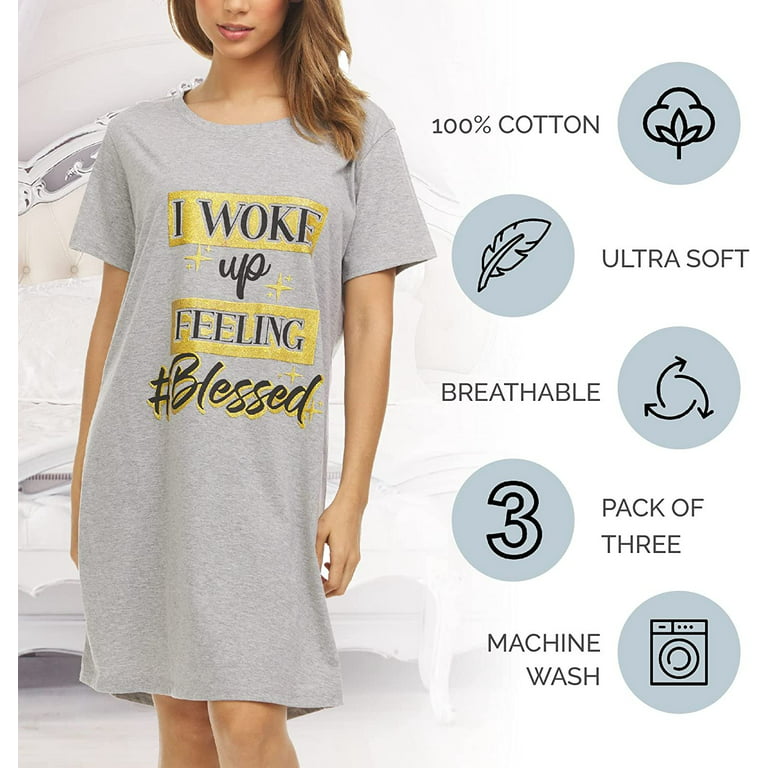 3 Pack: Womens 100% Cotton Sleep Shirt - Soft Printed Sleep Dress Nightgown  Sleepwear Pajama Nightshirt Medium, Set A