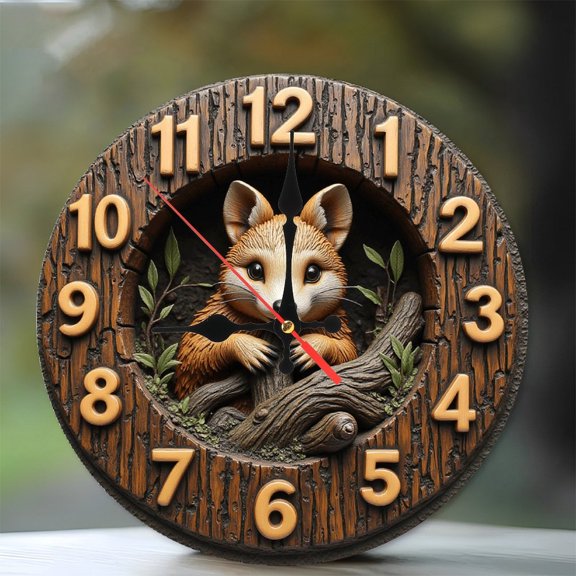 Wooden Fox Wall Clock with 2D Design And Nature Elements 10-Inch Silent Wooden Wall Clock, Battery Operated (AA Batteries Not Included), Artistic Home Decor