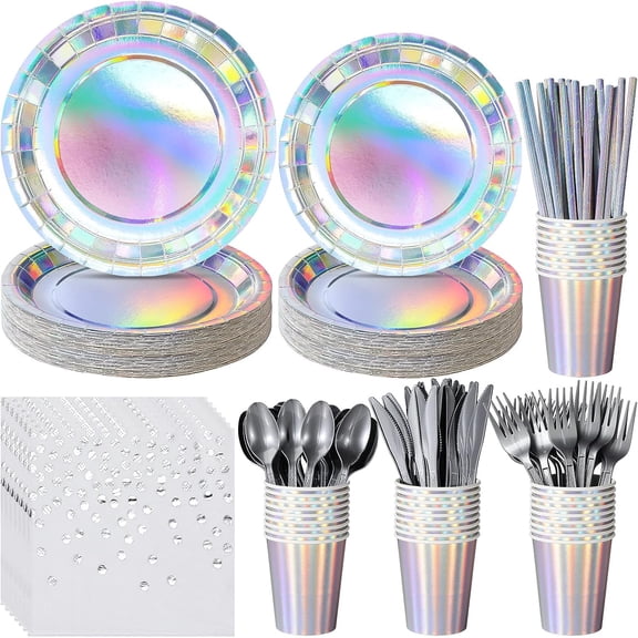 Iridescent Silver Party Supplies Decorations Serve 25, Disposable Holographic Paper Plates and Napkins Set for Mermaid Disco Birthday Graduation Party