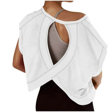 Summer Tops Sevevn Womens Open Back Workout Backless Short Sleeve Athletic Shirt Running Crop Gym Yoga Tee