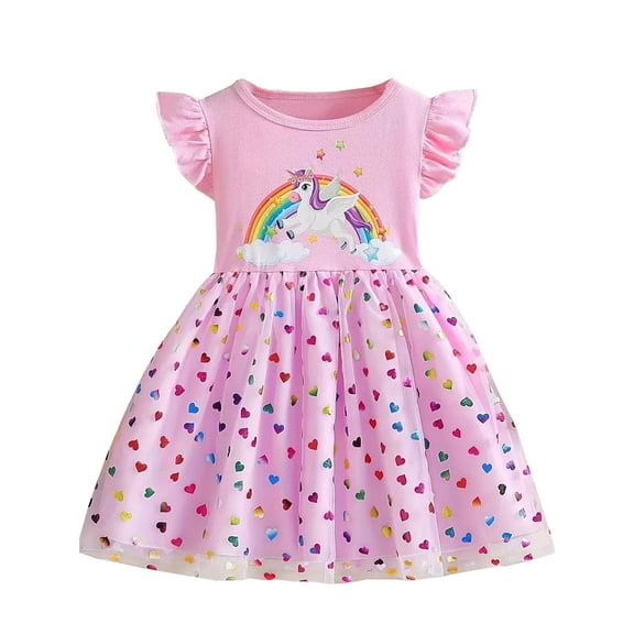 WIBACKER Sequin Toddler Girls Summer Dress Ruffled Sleeve Tulle Unicorn Dress 1-8 Years