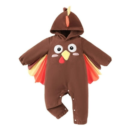 

LNWUY Newborn Baby Boy Girl Thanksgiving Clothes Long Sleeve Turkey Print Hooded Plush Jumpsuit Fall Winter Romper Brown 3 Months